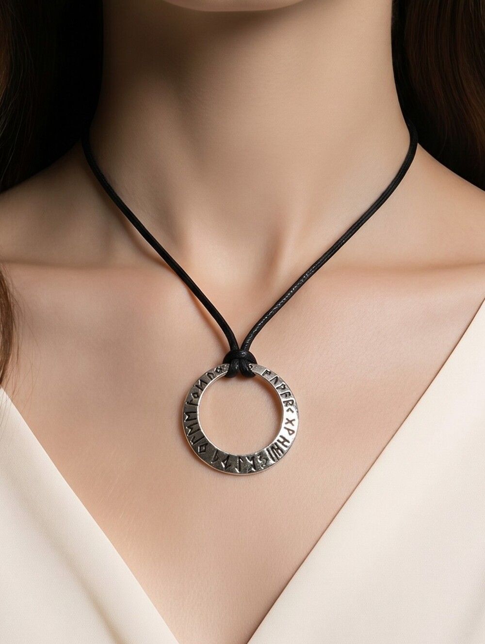 Rune Wheel Necklace Norse Moon Pendant Silver Ring Adjustable Cord Odin Viking